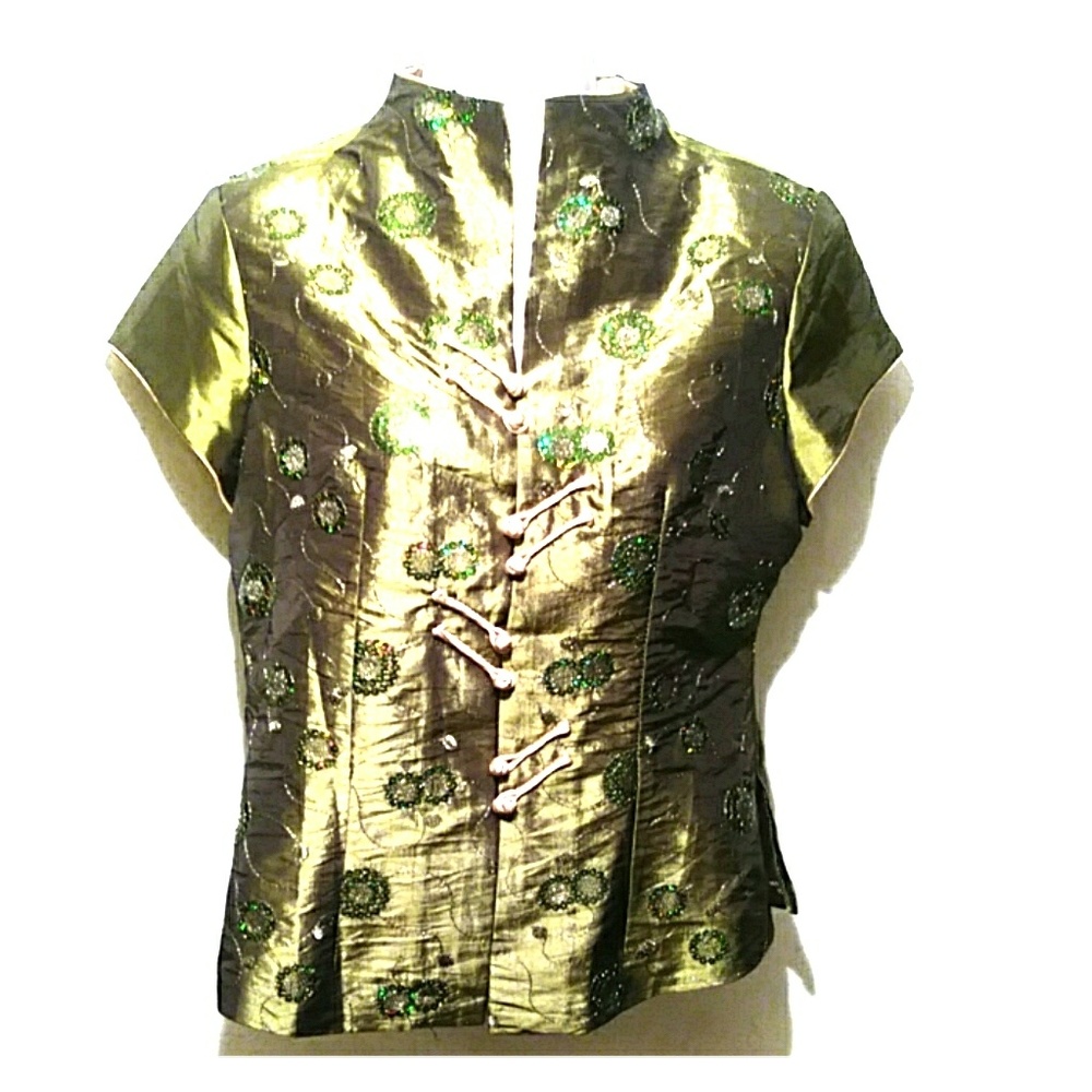 Bo Xi Hua Fu Asian Oriental Style Top Sequin Green